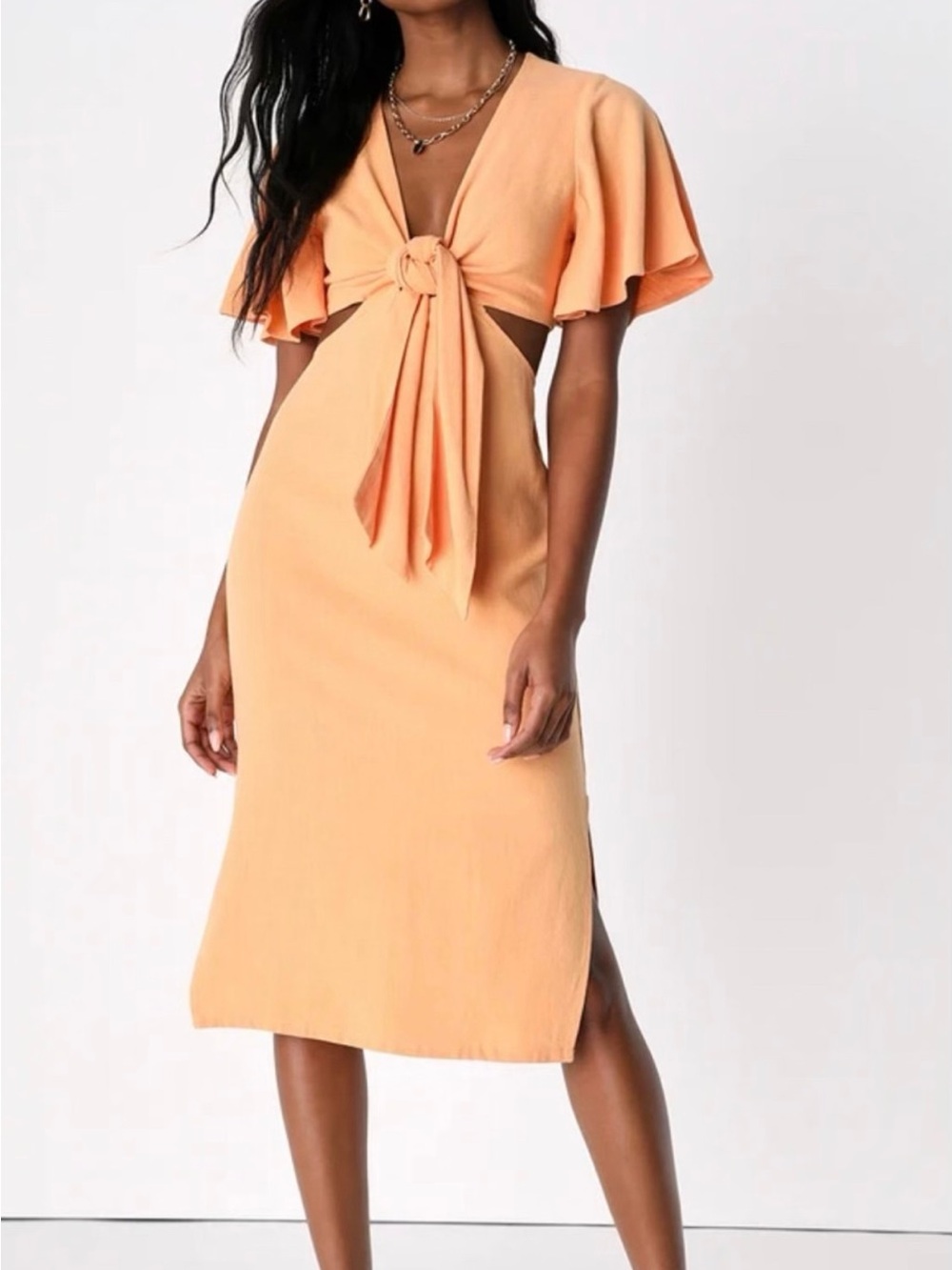 Lulu's Peach Tie-Front Midi Dress